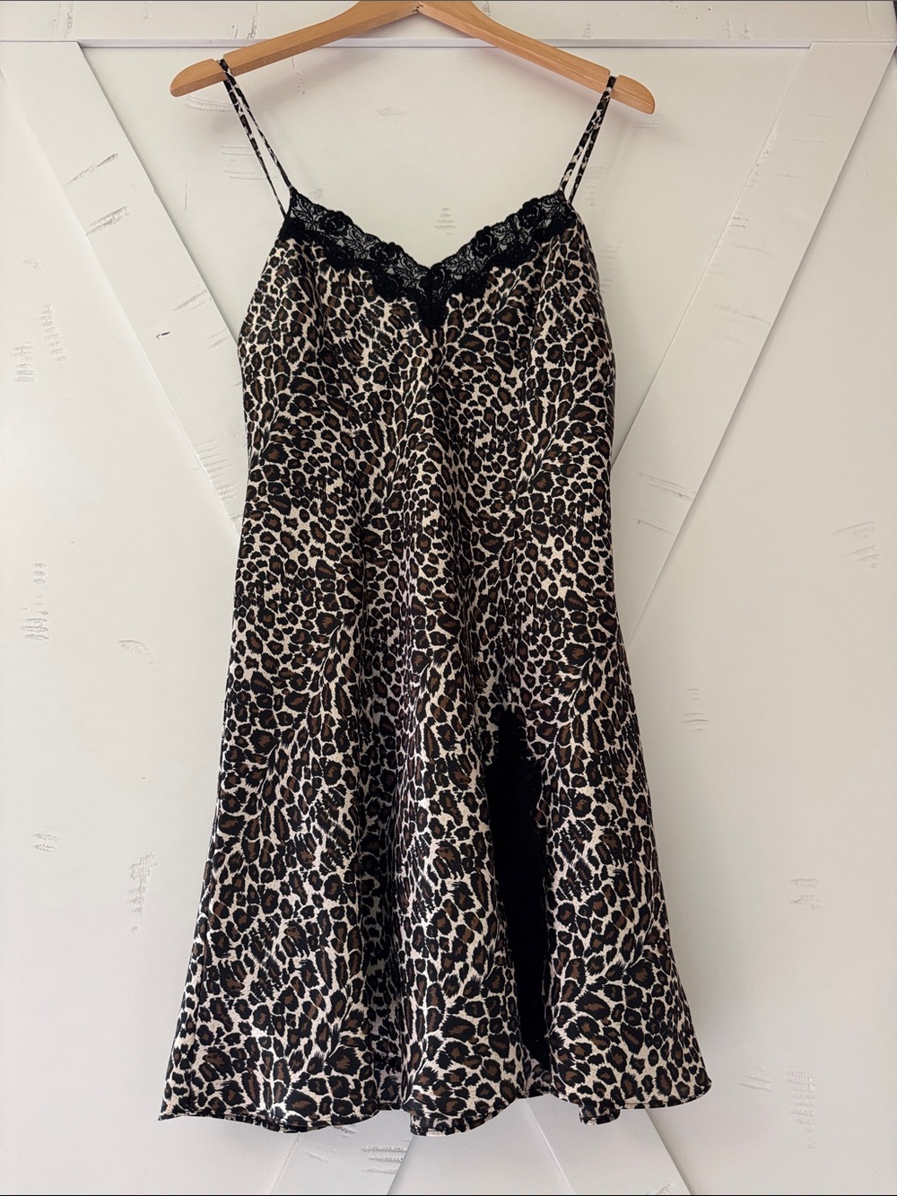Leopard Print Lace-Trim Slip Nightgown in Brown and Black